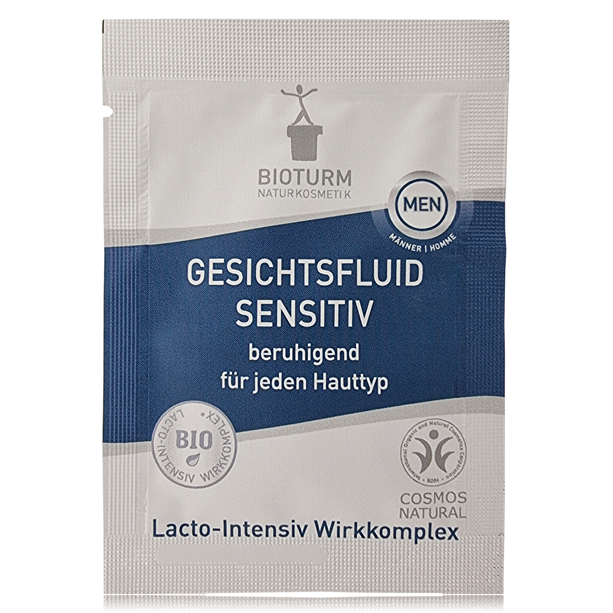 Eine Darstellung des Probesachets des Gesichtsfluid MÄNNER Nr.127: Die Verpackung zeigt Leicht einziehendes und beruhigendes Fluid für sensible Männerhaut.