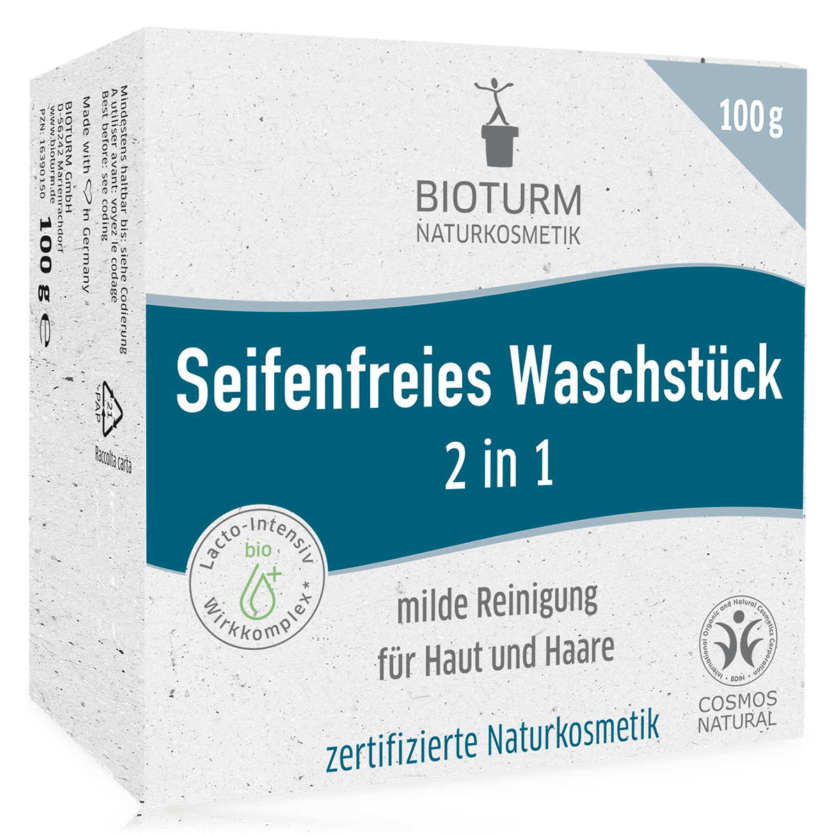 Eine Darstellung der Seifenfreien Waschstück 2 in 1 Nr.131: Die Verpackung zeigt Seifenfreie und sanfte Reinigung für Haut und Haare kombiniert in einem ergiebigen 2 in 1 Waschstück.