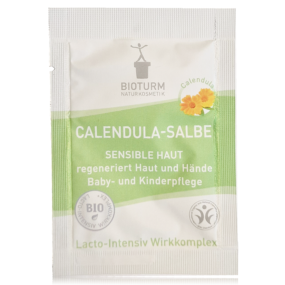 Probesachet der BIOTURM Calendula-Salbe. Enthält Bio-Jojobaöl, Bio-Sonnenblumenöl und Bio-Bienenwachs für intensive Pflege. Besonders geeignet für trockene, empfindliche Haut von Babys und Erwachsenen.